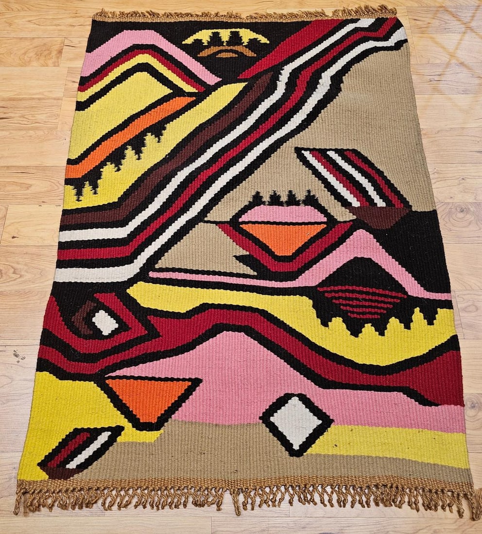 Vintage Mid-Century Modern Handwoven Tapestry, Abstract Wool Art, 32" X 45" - 2