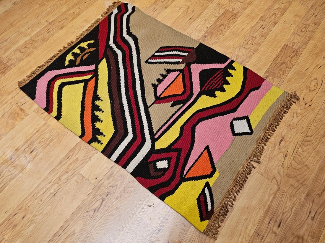 Vintage Mid-Century Modern Handwoven Tapestry, Abstract Wool Art, 32" X 45" - 7