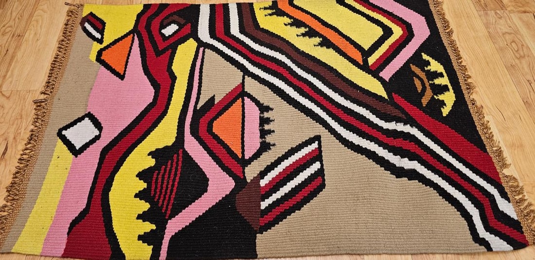 Vintage Mid-Century Modern Handwoven Tapestry, Abstract Wool Art, 32" X 45" - 8