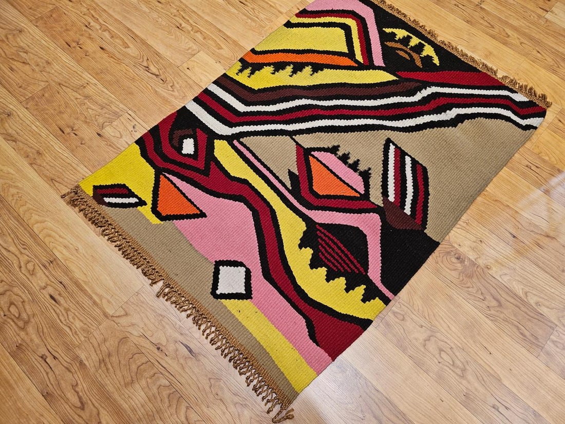 Vintage Mid-Century Modern Handwoven Tapestry, Abstract Wool Art, 32" X 45" - 9