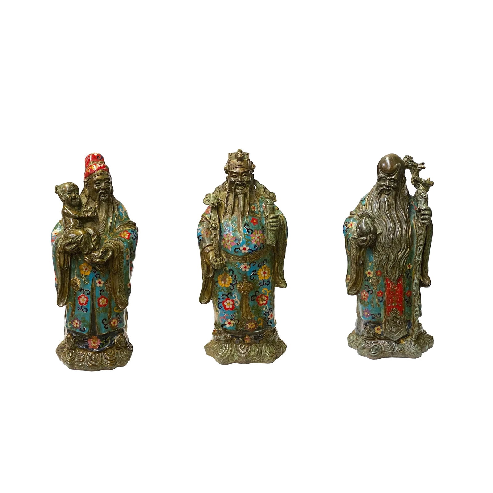 Vintage Metal Blue Yellow Enamel Cloisonné Fok Lok Shou Statue Set - 12