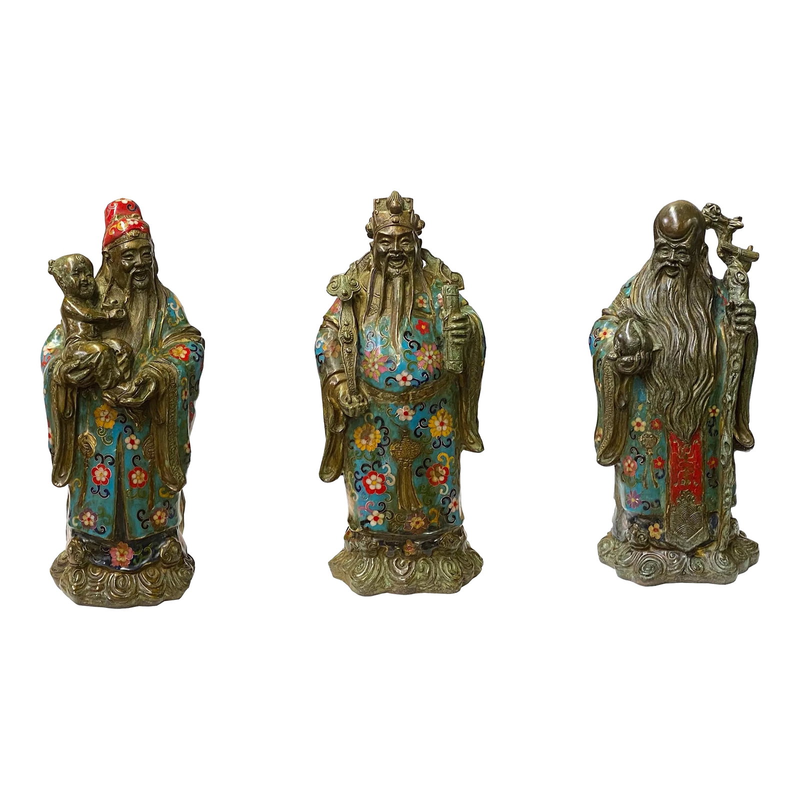Vintage Metal Blue Yellow Enamel Cloisonné Fok Lok Shou Statue Set: This is a set of 3 pieces of traditional oriental Chinese SanXing Fu Lu Shou statues made of metal and covered with blue and yellow multi-color enamel color. The main body is in a bronze color with a 