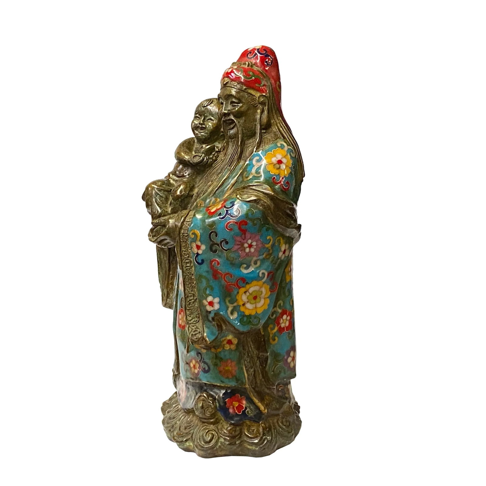 Vintage Metal Blue Yellow Enamel Cloisonné Fok Lok Shou Statue Set - 2