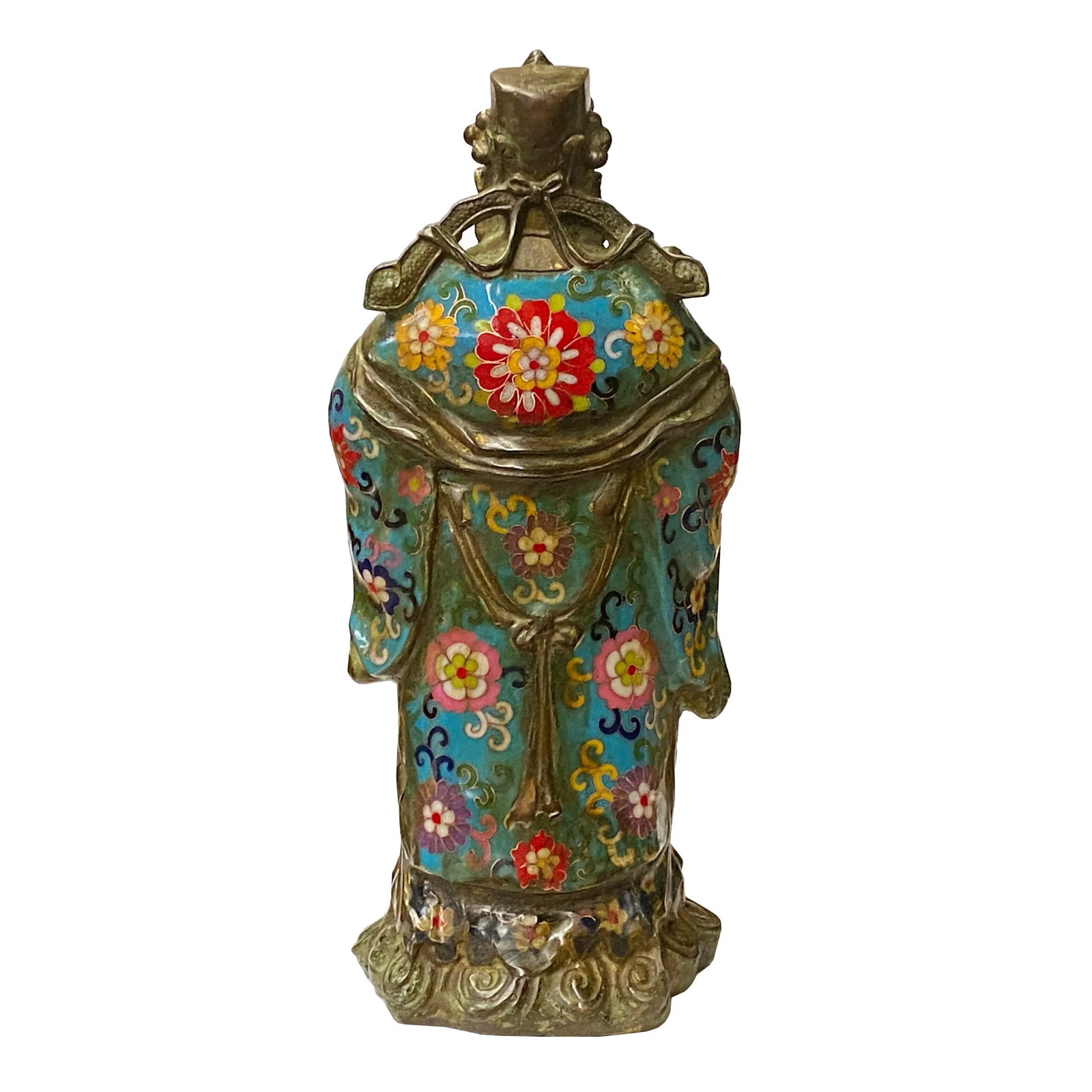 Vintage Metal Blue Yellow Enamel Cloisonné Fok Lok Shou Statue Set - 7