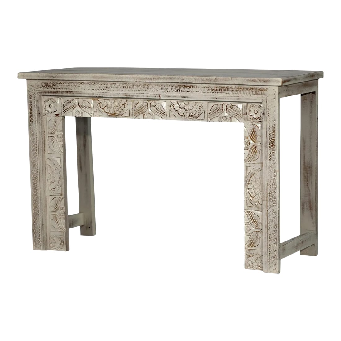 Rustic White Sofa Table for Livingroom | Handmade Hand Carved Media Console Table | Farmhouse Style: Dimensions: 47"wide X 16"deep X 30"high This hand carved console is finished in a greenish gray showing a distressed brown tone from underneath. Place this unique console behind the sofa or in the ent