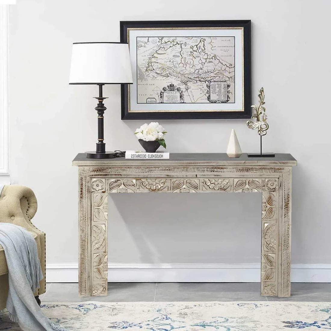 Rustic White Sofa Table for Livingroom | Handmade Hand Carved Media Console Table | Farmhouse Style - 2