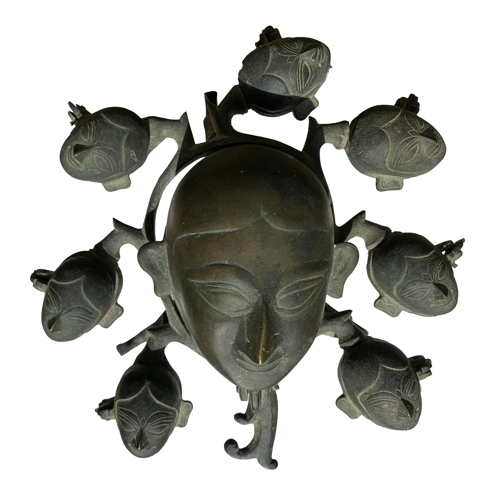 Vintage Hindu Deity Bronze Incense Burner: Vintage Hindu deity bronze Incense burner with multiple compartments. Faces are of various sizes to hold incense. Condition: Alterations: Original Condition Unaltered Imperfections: Some