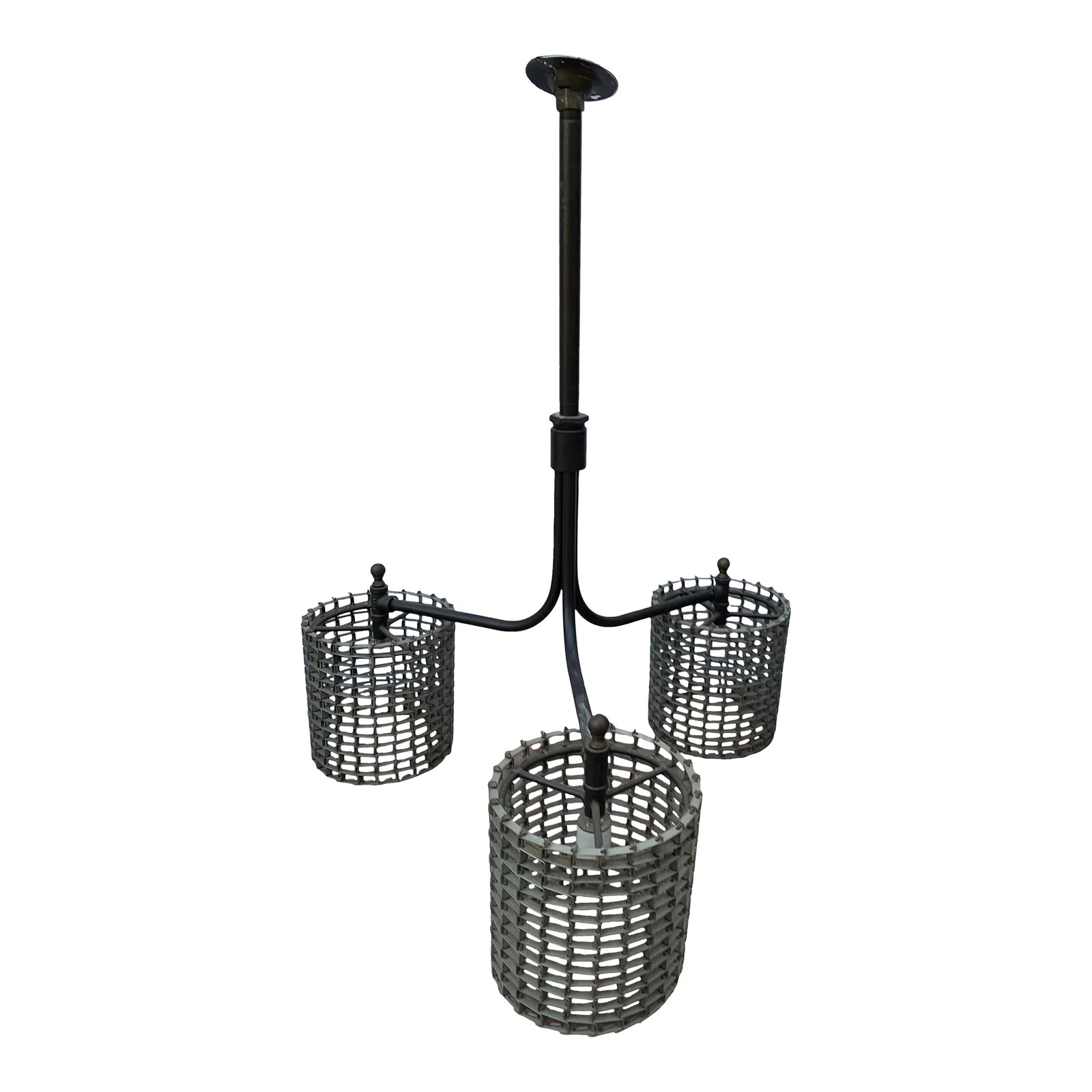 Vintage Late 20th Century Metal 3 Light Chandelier: Cleveland Art metal 3 light chandelier. Metal basket weave shades. Condition: Alterations: Original Condition Unaltered Imperfections: Some Imperfections Condition Notes: Very Good Condition