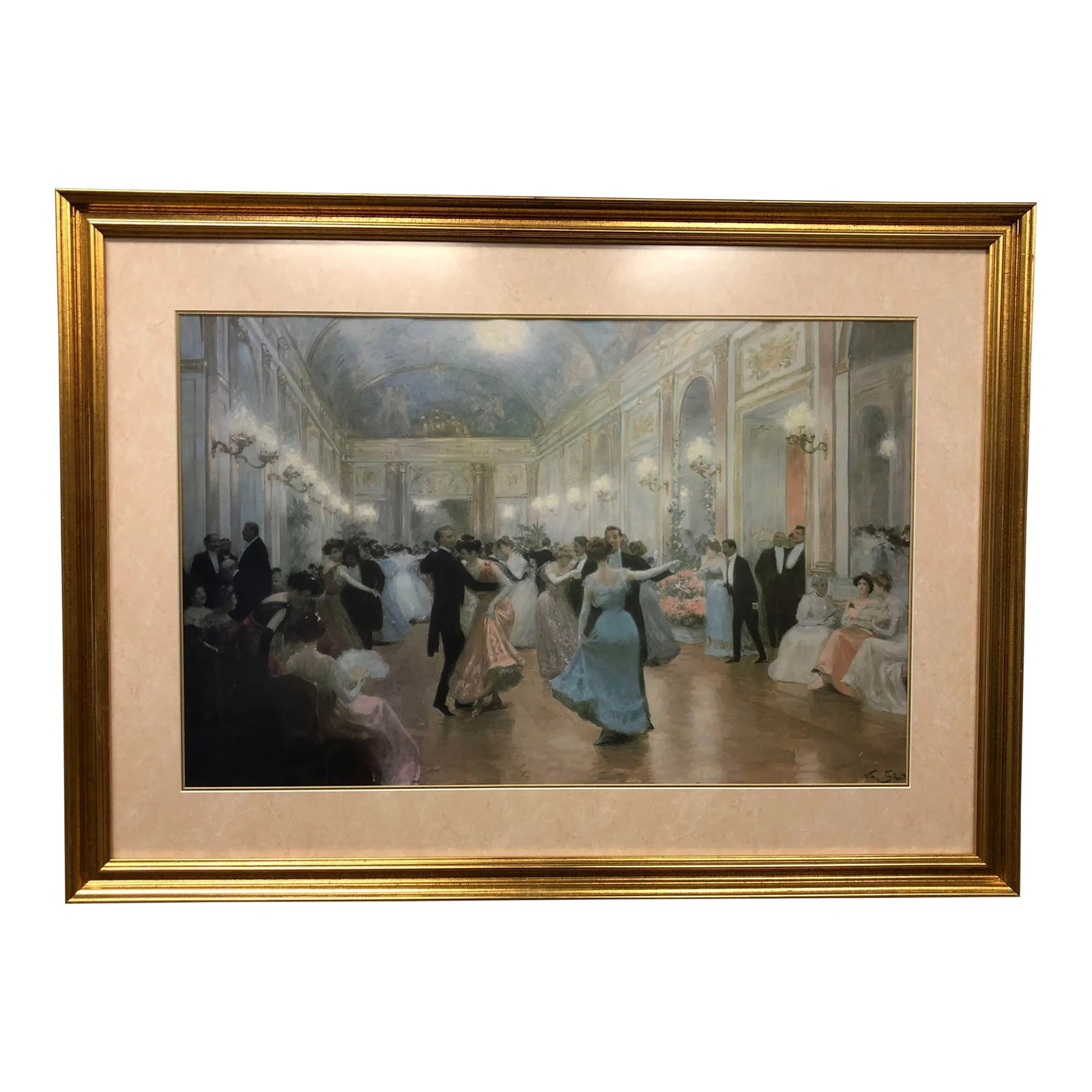 An Elegant Soiree - Vintage Copy of Watercolor Painting by French Artist Victor Gabriel Gilbert: Step into the golden glow of a bygone era with An Elegant Soiree, a vintage original watercolor painting capturing the refined splendor of a grand ballroom scene. Couples in flowing gowns and