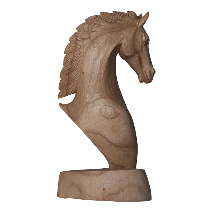 21st Century Hand Carved Wooden Horse Bust Statue: Dimensions: 3.5" W x 8.5" D x 20" H This piece is handcrafted by artisans using basic hand tools. Due to the nature of this creative process, you can expect to find variations in their finish and