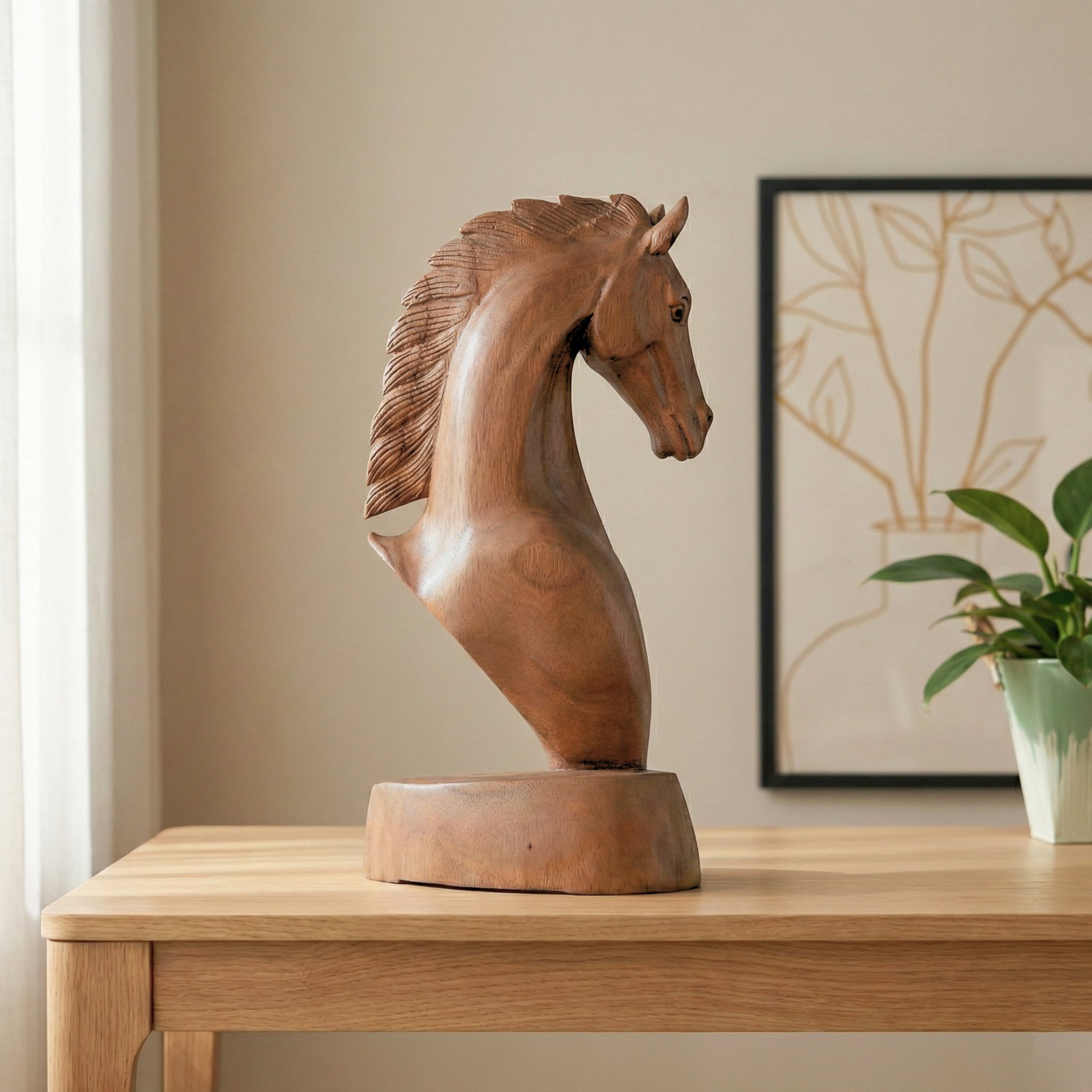 21st Century Hand Carved Wooden Horse Bust Statue - 2