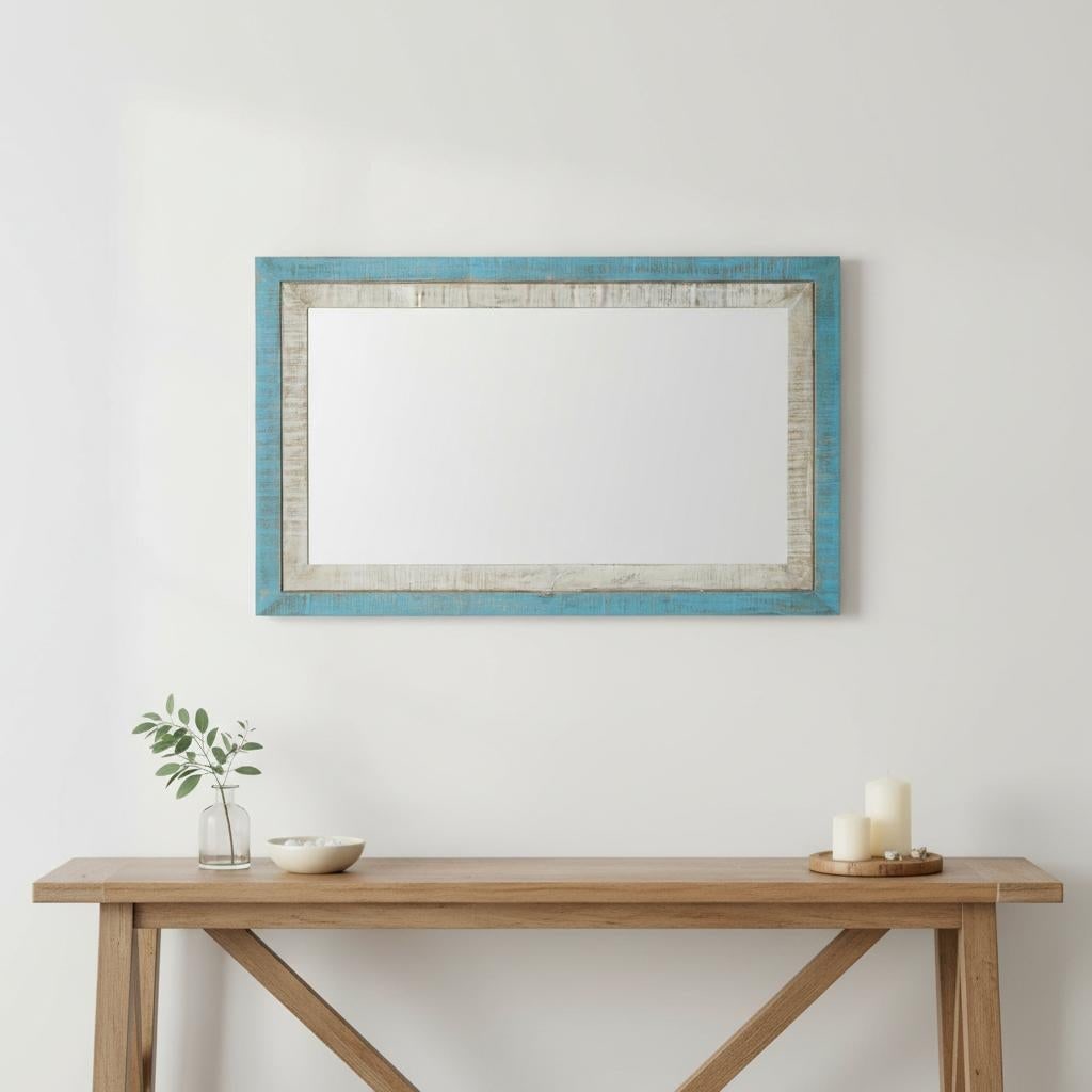 Mid Century Modern Distressed Blue Decorative Wall Mirror - 2