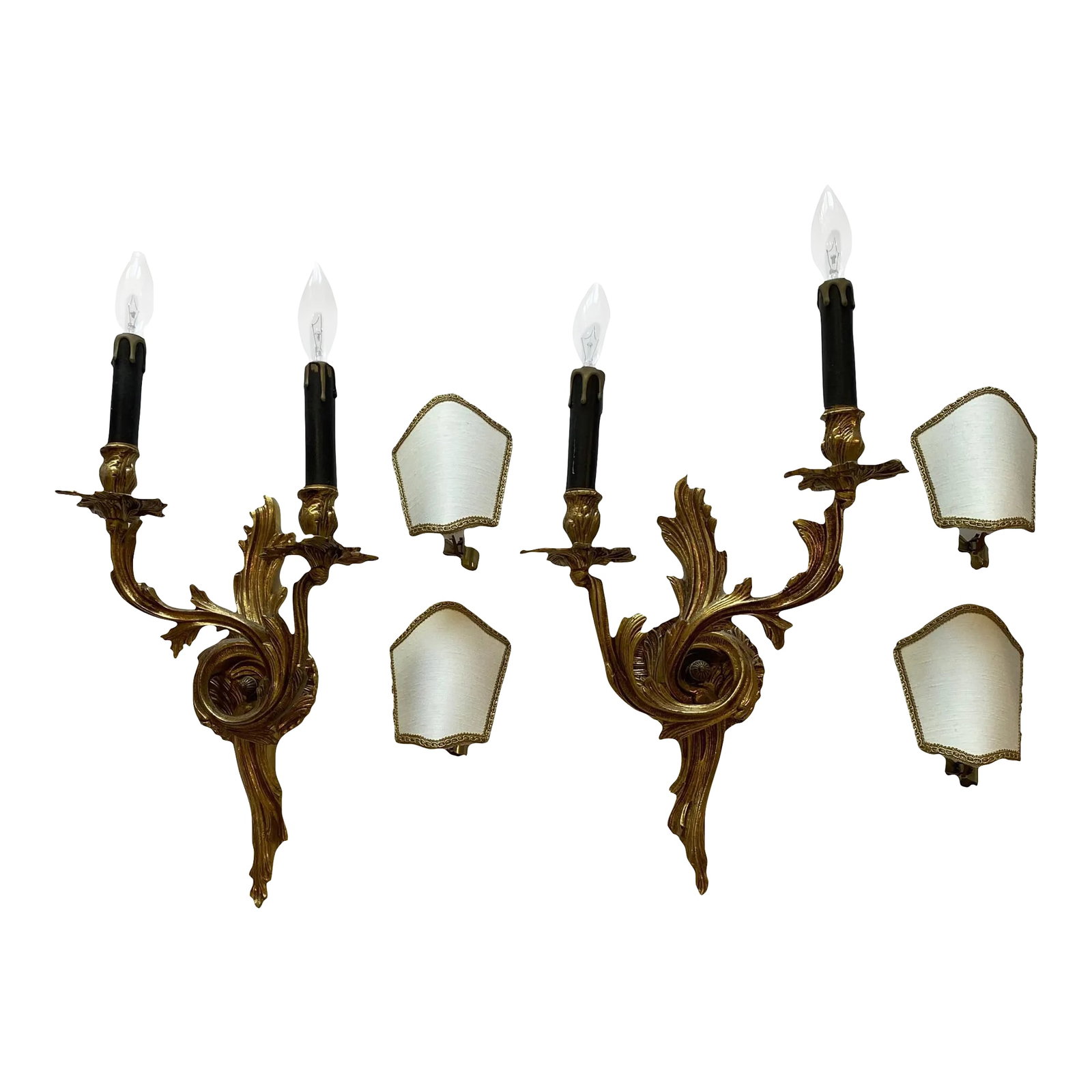 1960s Gilt Bronze Louis XV Style Sconces, Pair: Louis XV style gilt bronze two-light sconces with scrolling motif on body. Sold as a pair. Cast Bronze from Spain. Condition: Alterations: Original Condition Unaltered Imperfections: Some Imperfection