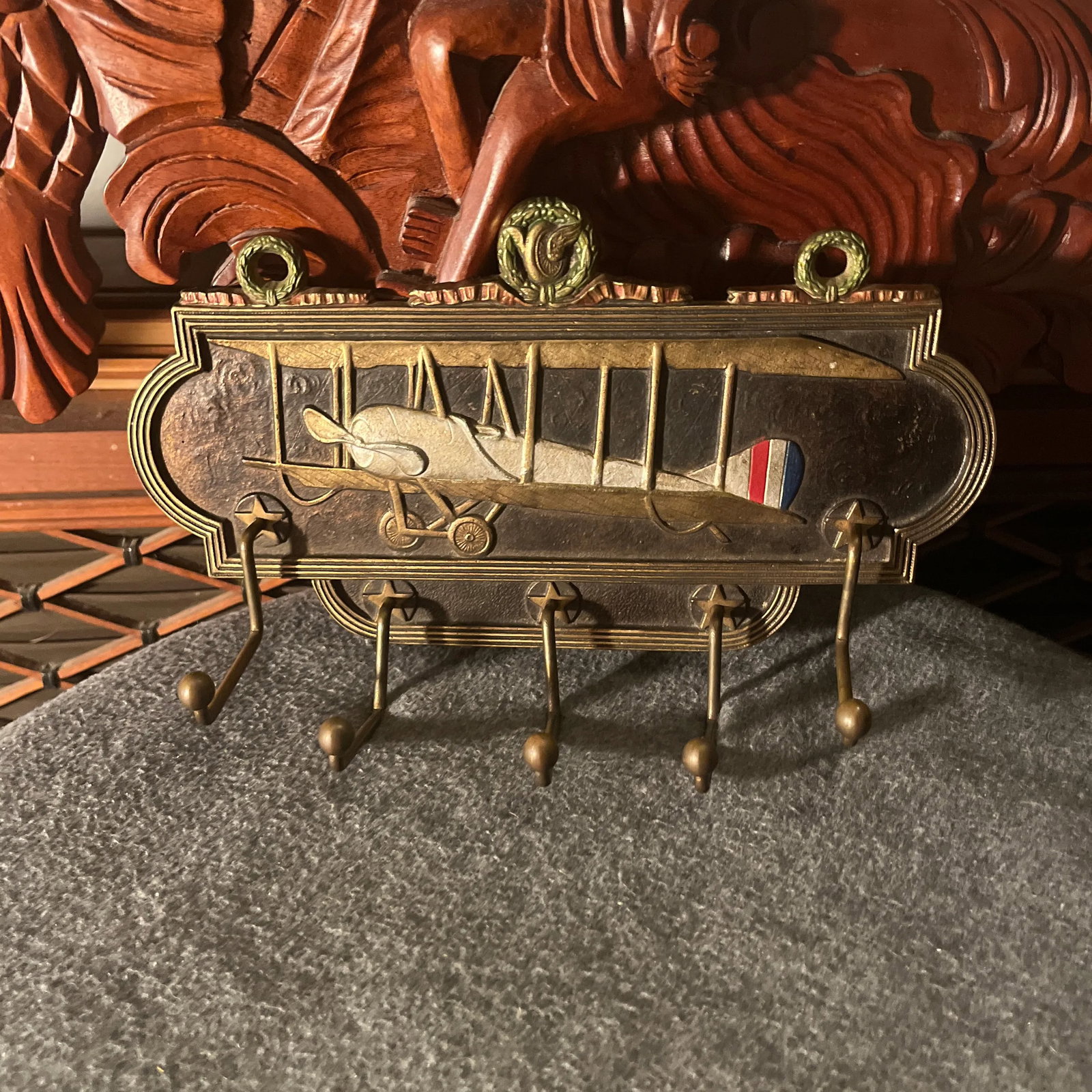 Antique Judd Co. Cast Iron Airplane Themed Wall Rack - 11