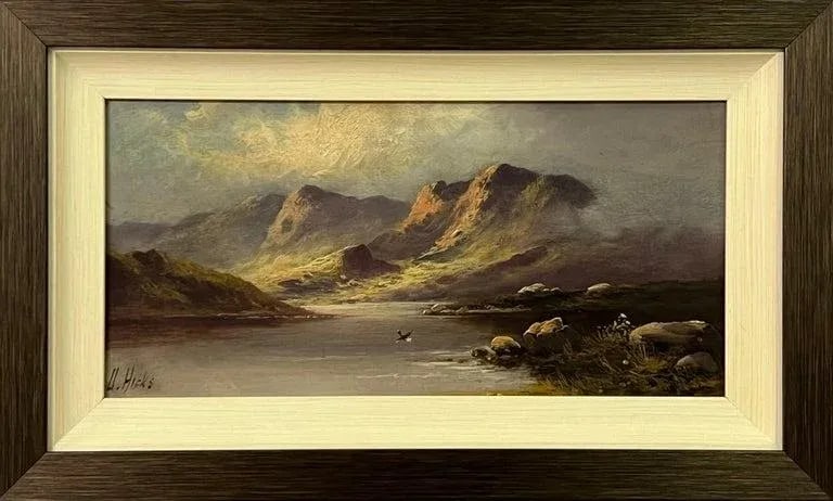 Mountain Lake Oil Painting by 19th Century British Artist Active Circa 1873–1902: Mountain Lake Oil Painting by 19th Century British Artist David Hicks, Active Circa 1873–1902. Presented in a high quality moulding with a cream coloured insert. Excellent Condition. Art