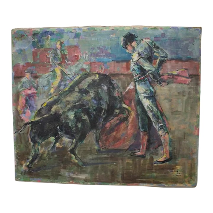 Epifanio Ortega Figurative Oil on Canvas - Madador: Vintage mid-century oil on canvas painting signed Epifanio Ortego 1963 Mexico. His technique on this piece is so unusual. The overall appearance is akin to a "wash." It is unframed and in excellent