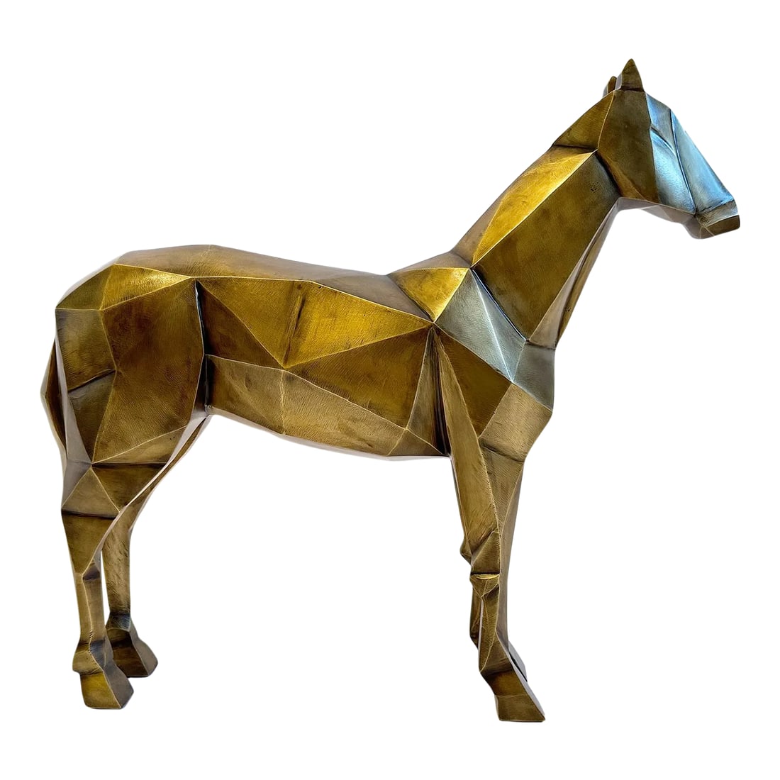 2000s Vintage Modern Cubism Equestrian Horse Sculpture: Bring an elevated, contemporary touch to your space with this vintage 2000s modern cubist horse sculpture. This metal cubism art piece has a medium bronze finish and would work well in a modern home