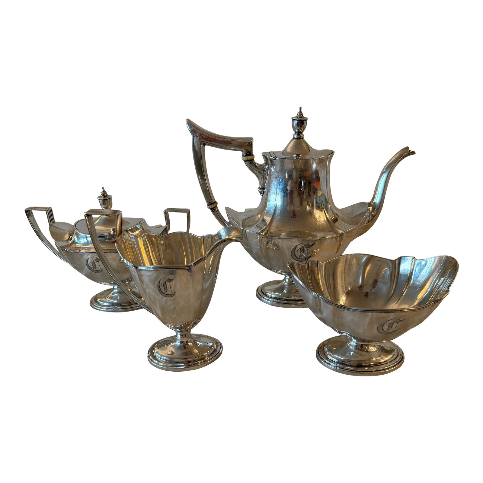 Early 20th Century Gorham Plymouth Sterling Silver 4-Piece Tea Set – 1566g: Early 20th century American Gorham Plymouth sterling silver four-piece tea set, featuring classic proportions and restrained elegance. The set includes a teapot, coffee pot, sugar bowl, and creamer, a