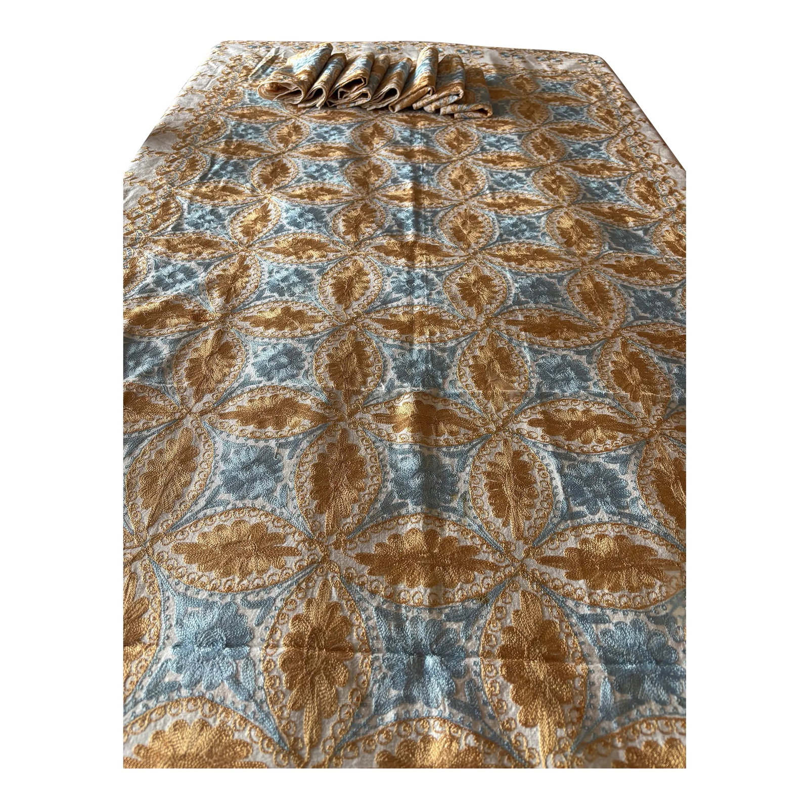 1970s Syrian Style ablecloth With 8 Matching Napkins: Bring a touch of MiddleEastern elegance to your dining experience with this authentic Syrian tablecloth with 8 matching napkins. Crafted by artisans in Damascus Syria, the style features ornate blue