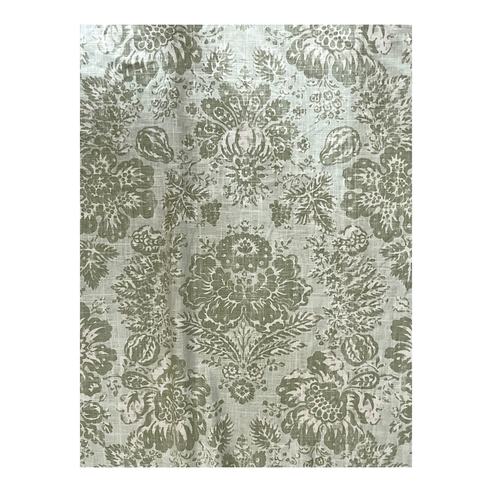 Vintage Braemore Fabrics Sage Green Linen Blend Floral Performance Upholstery Fabric "” 6: An elegant six-yard length of vintage performance upholstery fabric by Braemore Fabrics, featuring an oversized botanical and floral medallion pattern in a soft sage green on an ivory ground. The text