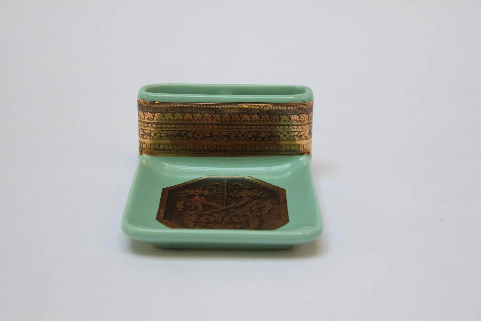 Vintage Piero Fornasetti "Caduceus" Lithograph Gilt Porcelain Green Ashtray - 3