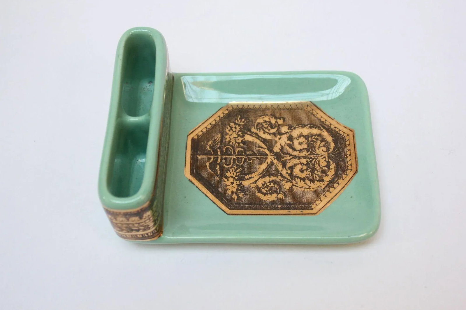 Vintage Piero Fornasetti "Caduceus" Lithograph Gilt Porcelain Green Ashtray - 4