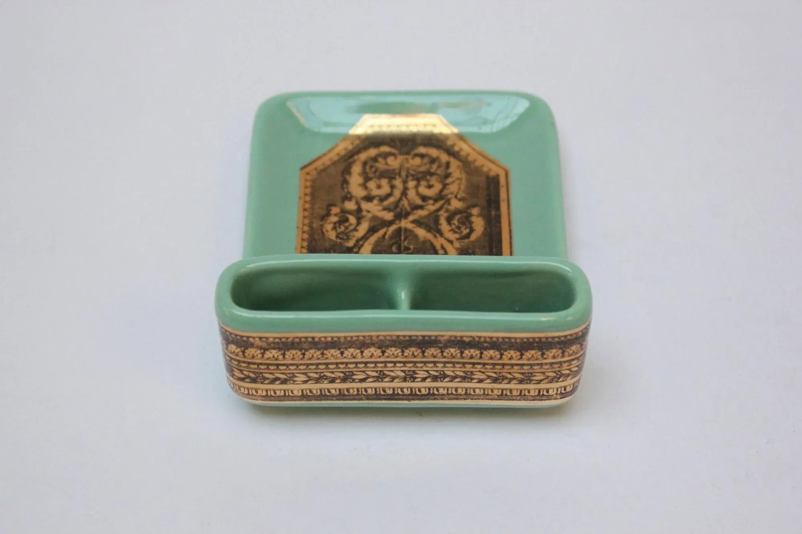 Vintage Piero Fornasetti "Caduceus" Lithograph Gilt Porcelain Green Ashtray - 5