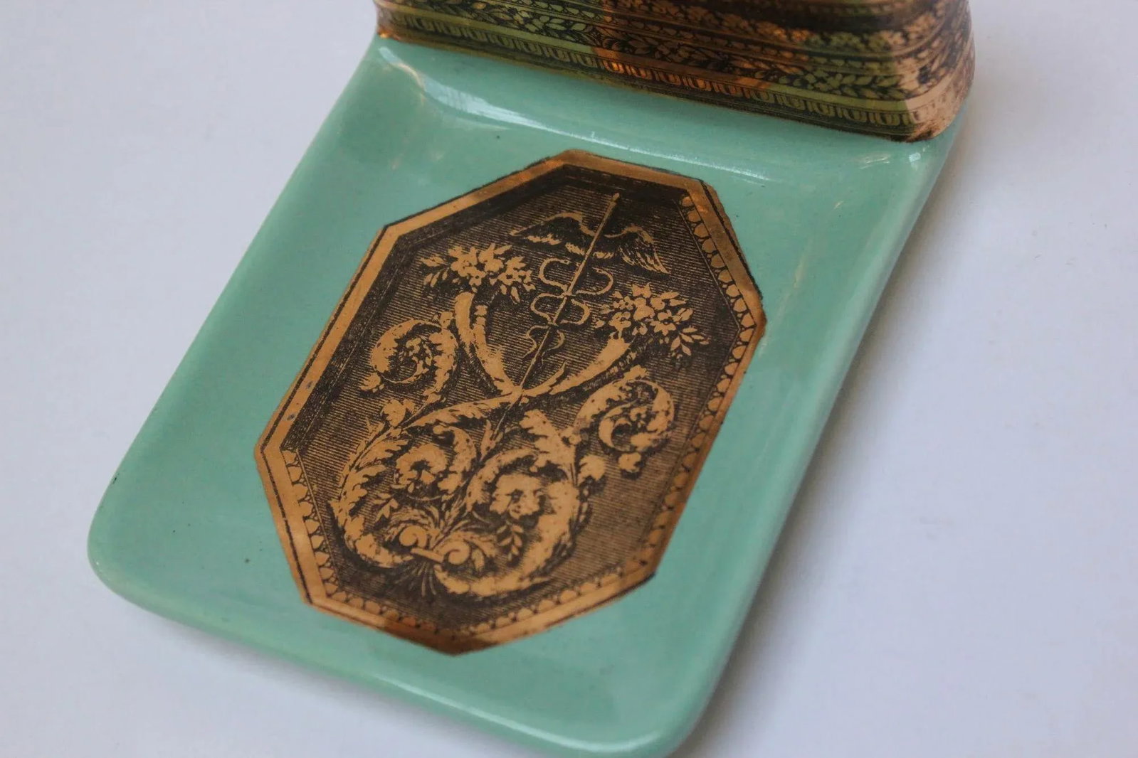 Vintage Piero Fornasetti "Caduceus" Lithograph Gilt Porcelain Green Ashtray - 9