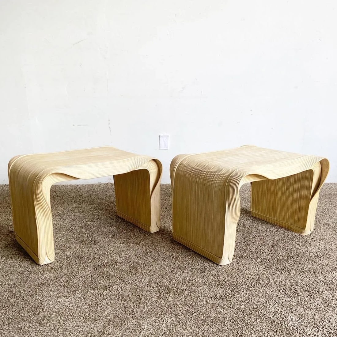 Boho Chic Wavy Ribbon Pencil Reed Side Tables - a Pair - 11
