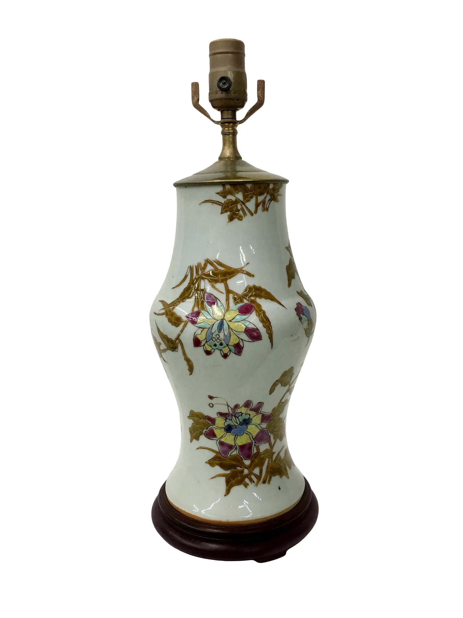 Vintage Lotus Flower Vase Shaped Table Lamp: This vase lamp features brightly colored lotus flowers and leaves. Flowers are colored using tones rarely seen used in this kind of lamp. Making this piece truly one of a kind. Condition: Alterations: