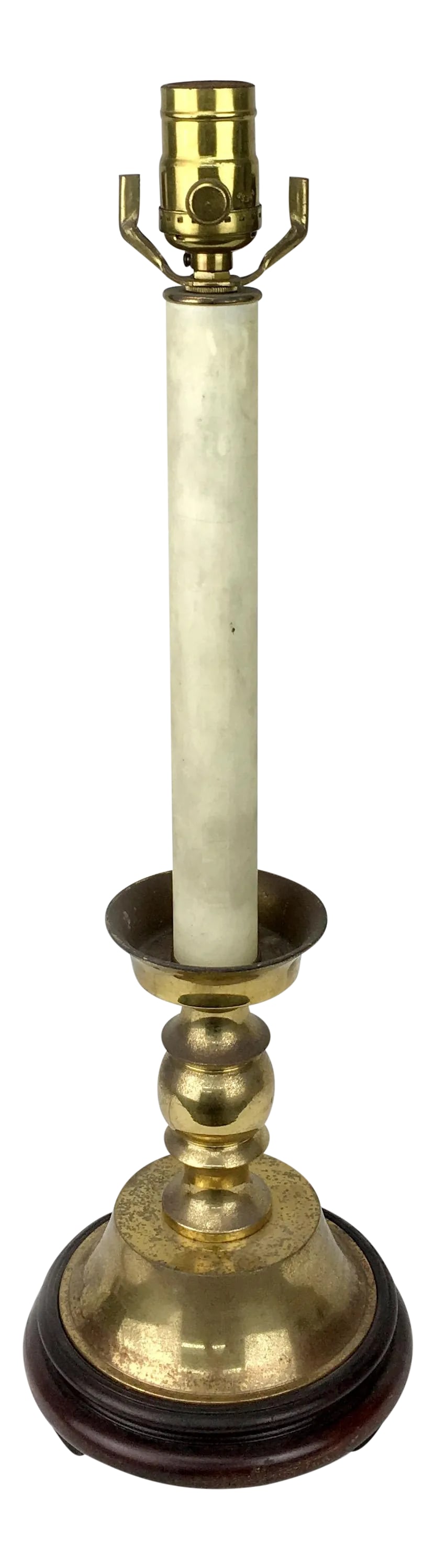 1970s Traditional Brass Candlestick Study Lamp: Beautiful candlestick table lamp with graceful lines.Bright Brass color and finished with gilt details. Condition: Alterations: Original Condition Unaltered Imperfections: Some Imperfections Condition