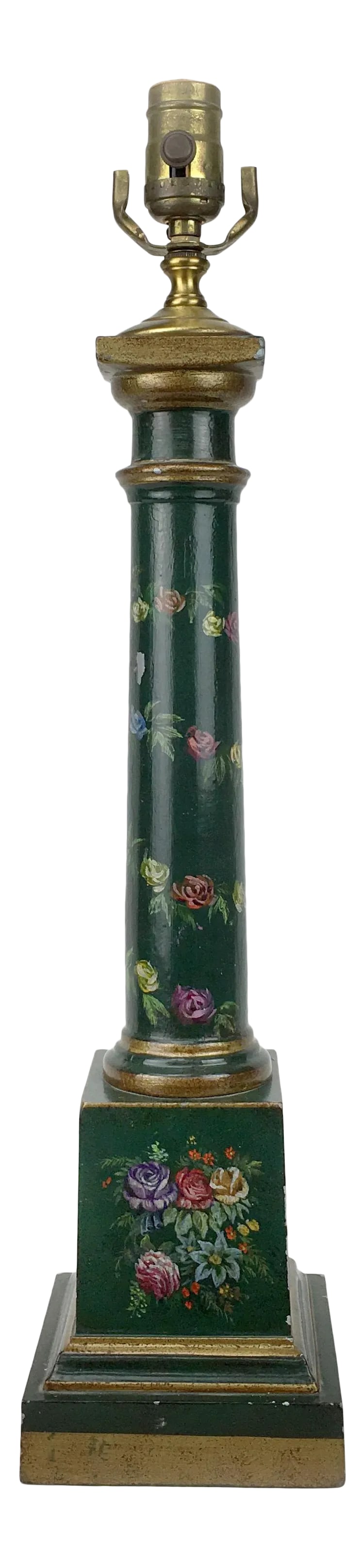 1970s Botanical Motif Column Table Lamp: Delicate multi-colored roses feature on this squared column table lamp. Is a beautiful addition to any living room. Condition: Imperfections: Some Imperfections Condition Notes: In good condition with