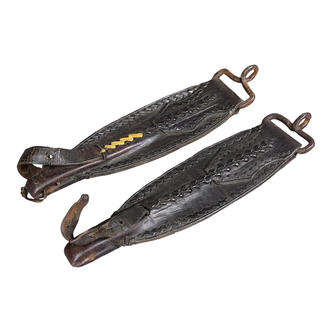 A Pair Antique Leather Stirrup Holders: A Pair Antique Leather Stirrup Holders A pair antique leather stirrup holders. Handmade in the first half of the 20th century. Good condition with traces of use, one with old repair. This authentic