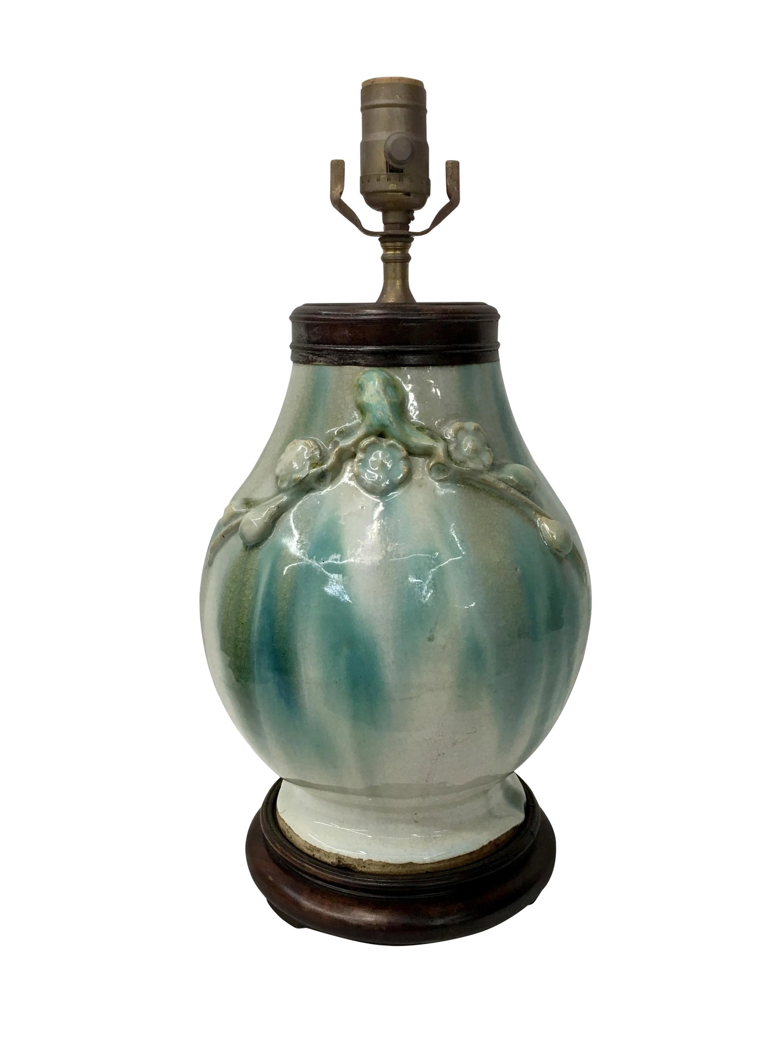 19th Century Chinese Chin Dynasty Chun Ware Vase Lamp: A rounded Chin Dynasty Chun Ware lamp with special turquoise and green streaking. Condition: Alterations: Original Condition Unaltered Imperfections: Some Imperfections Condition Notes: Product is in 