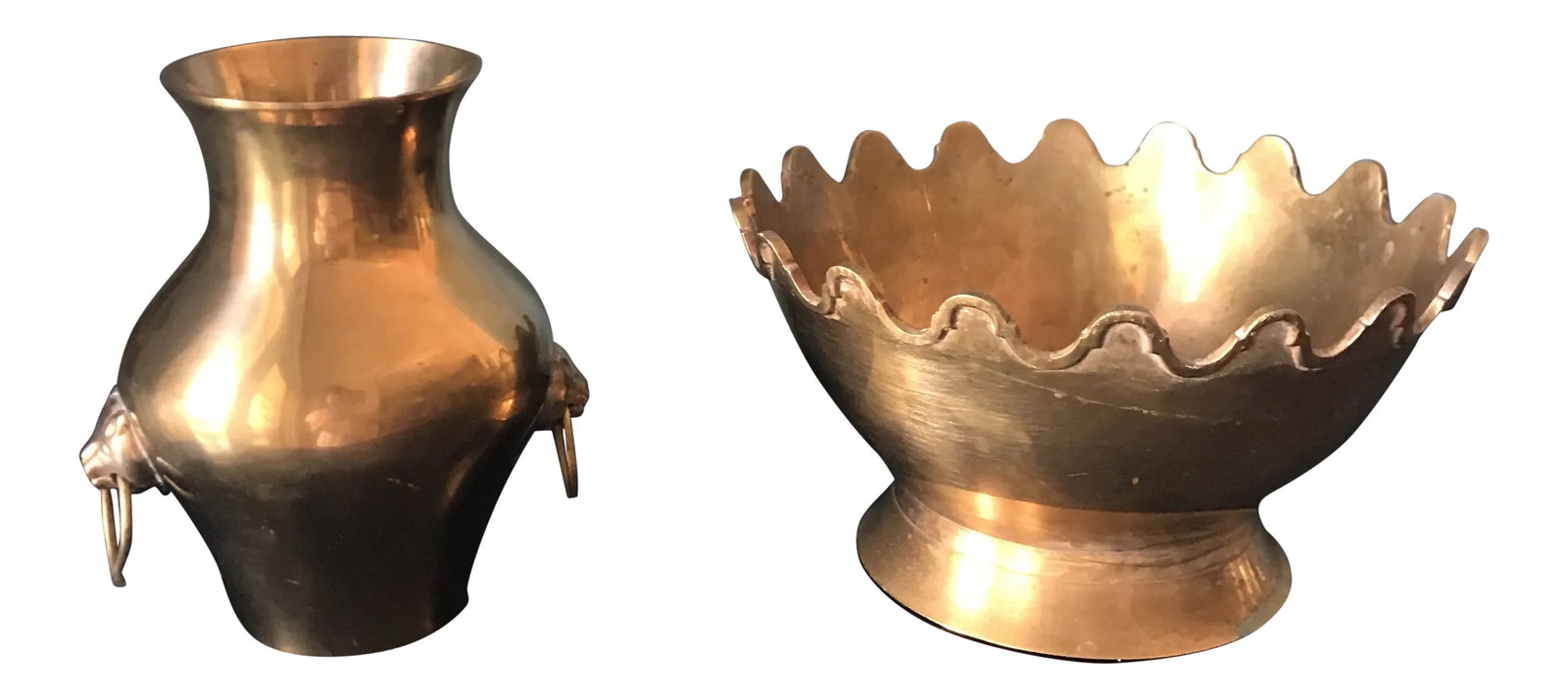 1970s Brass Urn and Planter - Pair: Beautiful brass urn and brass planter, perfect for the interior designer. Urn is 5"W x 5"D x 6"H Planter is 8"W x 8"D x 4"H Condition: Alterations: Original Condition Unaltered Imperfections: Some
