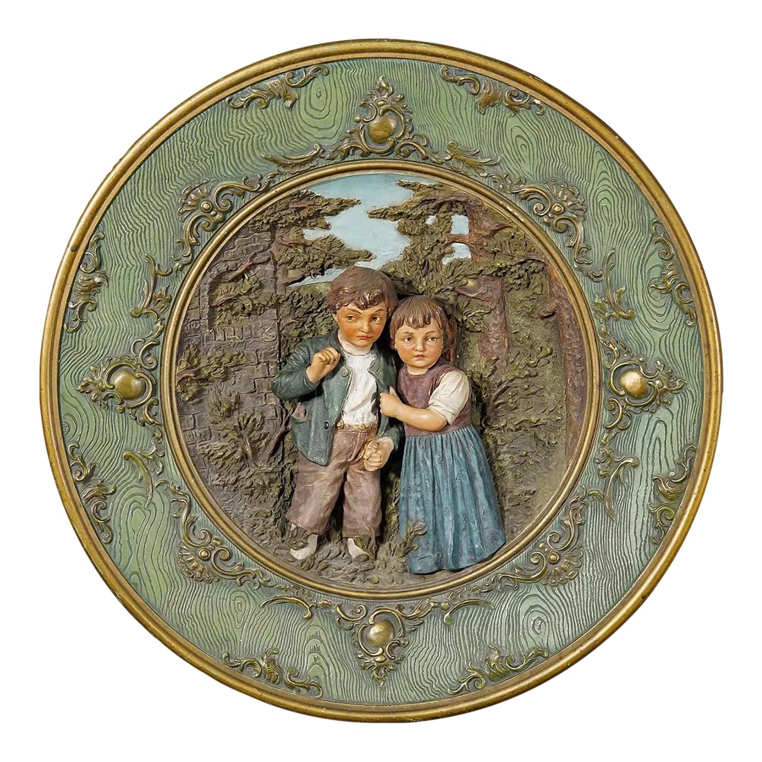 Terracotta Wall Plate With Whimsy Children in Farmer Costumes by Johann Maresch: Terracotta Wall Plate with Whimsy Children in Farmer Costumes by Johann Maresch A large terracotta wall plate depicting a relief couple of farmers childs in a forest enviroment. Manufactured by