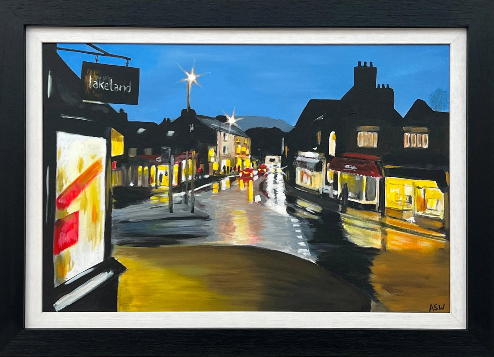 Painting of Ambleside in Lake District England at Night by English Urban Artist, 2009: Painting of Ambleside in Lake District England at Night by Leading Contemporary British Urban Landscape Artist, Angela Wakefield. The painting depicts an urban landscape scene in the town of Ambleside