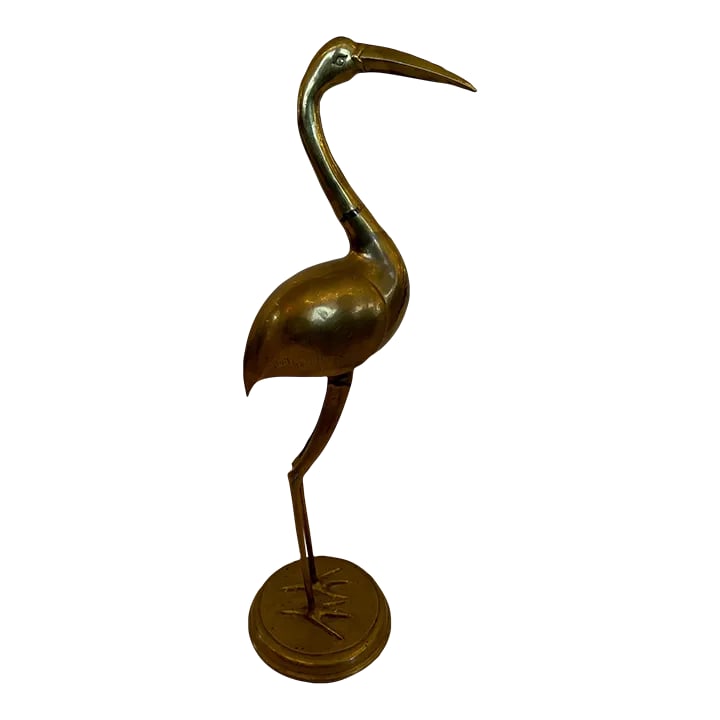 Vintage Tall Solid Brass Asian Crane Sculpture: Lovely tall solid brass crane or heron sculpture in a beautiful pose. Pair available. Condition: Alterations: Original Condition Unaltered Imperfections: Some Imperfections Condition Notes: Good.