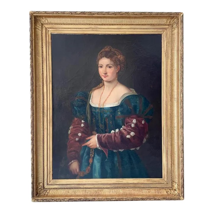 19th Century Italian Painting After Titian "La Bella": A 19th Century portrait by Italian artist Fausto Giusto (1867 Naples-1941 Zurich) after a Renaissance painting by Titian entitled "La Bella". An exceptionally detailed portrait by a leading painter