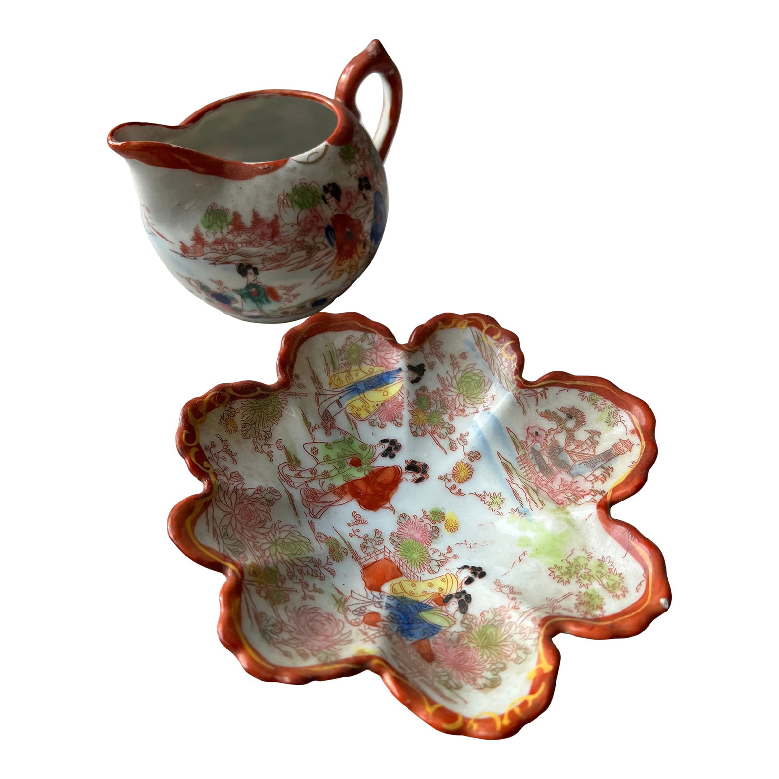1970s Asian Chinoiserie Plate and Pitcher Set- 2 Pieces: Up for consideration is a beautiful hand painted set including a pitcher and saucer with Asian details. This would look lovely in your home and is great for the interior design enthusiast! Please