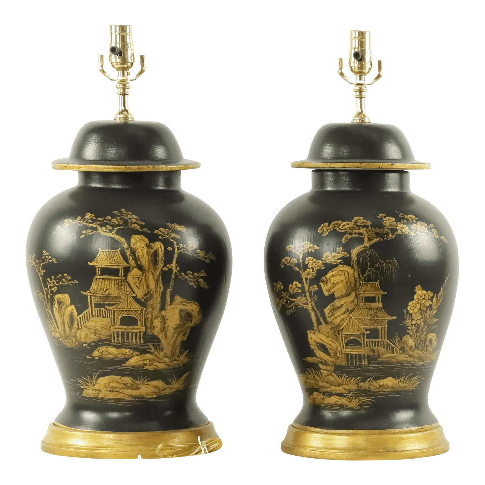 A Pair of Vintage Gilt Hand-Painted Black-Glazed Ceramic Jar-Shaped Table Lamp (1 of 8)