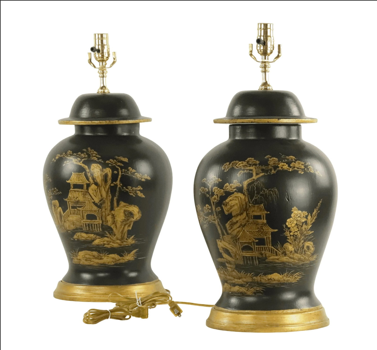 A Pair of Vintage Gilt Hand-Painted Black-Glazed Ceramic Jar-Shaped Table Lamp - 2