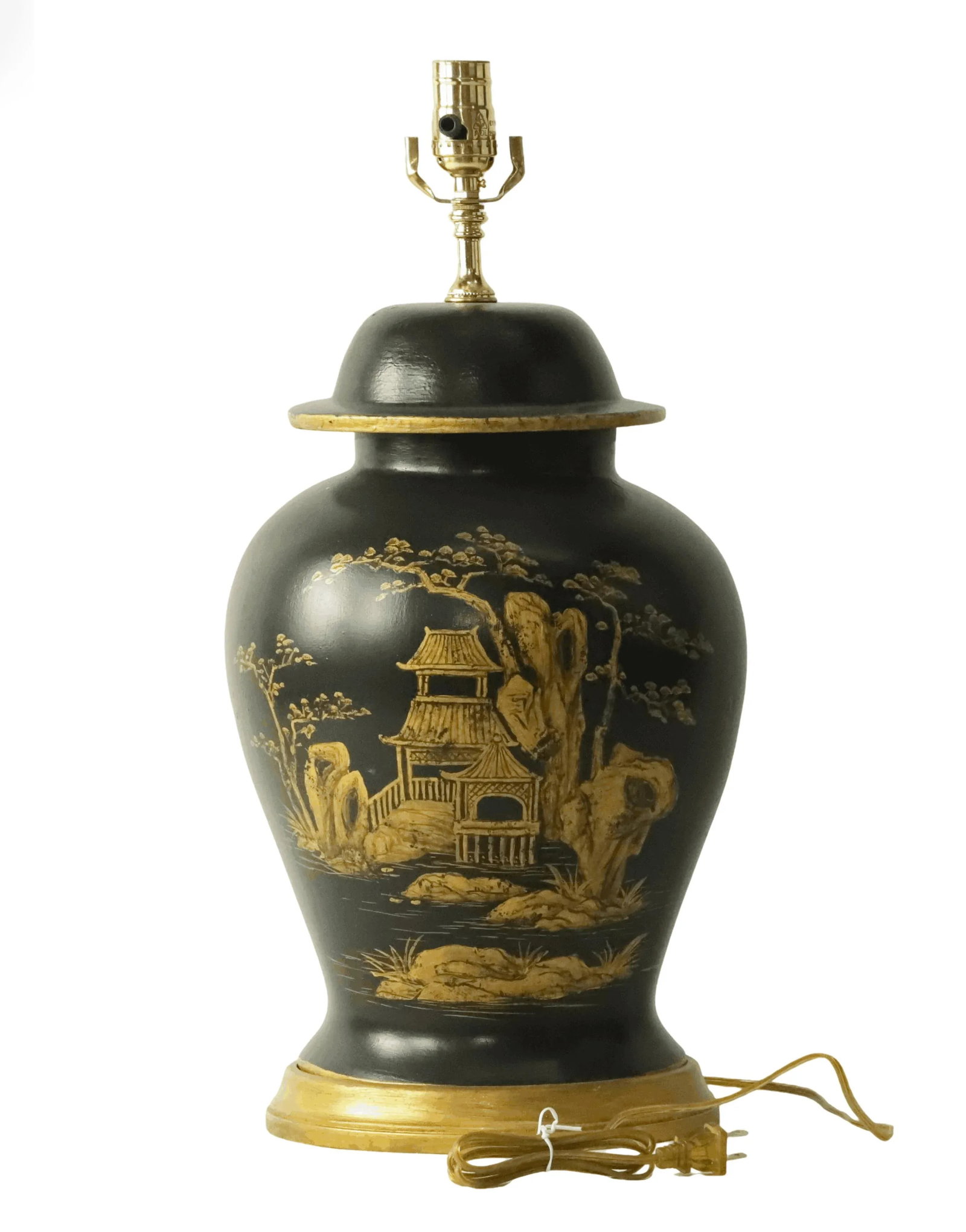 A Pair of Vintage Gilt Hand-Painted Black-Glazed Ceramic Jar-Shaped Table Lamp - 3
