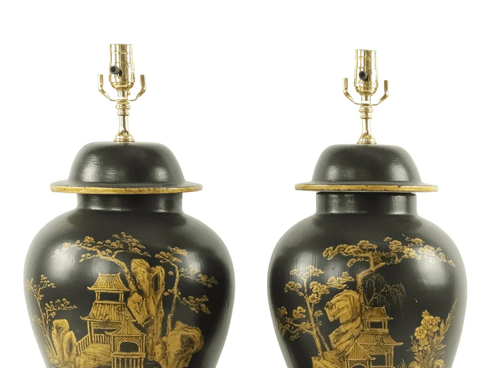A Pair of Vintage Gilt Hand-Painted Black-Glazed Ceramic Jar-Shaped Table Lamp - 4