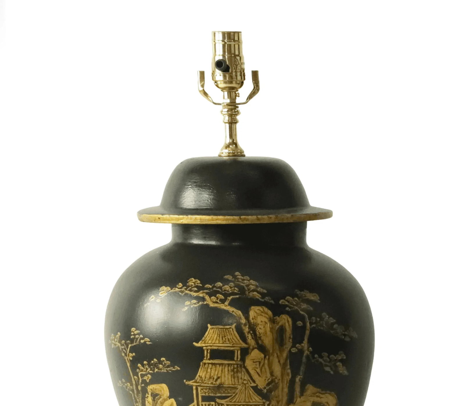 A Pair of Vintage Gilt Hand-Painted Black-Glazed Ceramic Jar-Shaped Table Lamp - 5