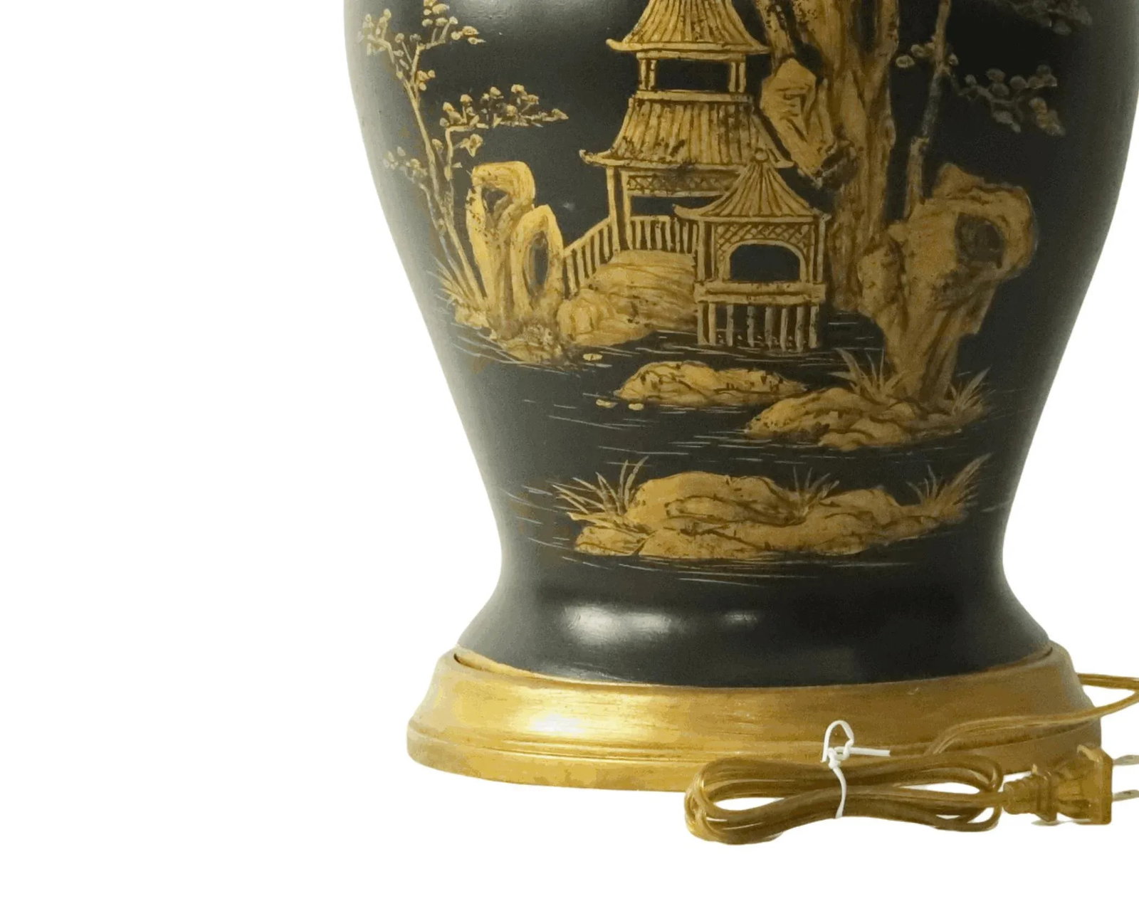A Pair of Vintage Gilt Hand-Painted Black-Glazed Ceramic Jar-Shaped Table Lamp - 6