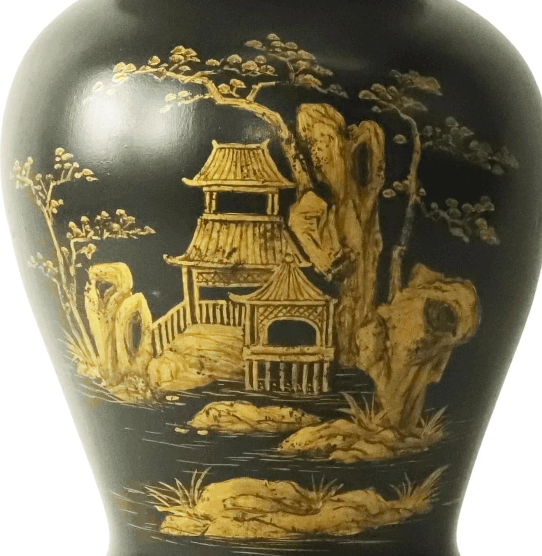 A Pair of Vintage Gilt Hand-Painted Black-Glazed Ceramic Jar-Shaped Table Lamp - 7