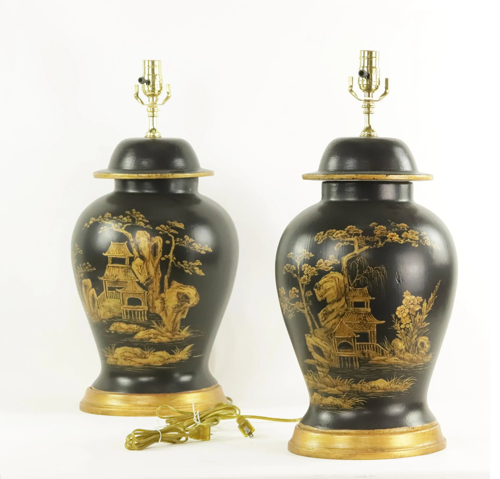 A Pair of Vintage Gilt Hand-Painted Black-Glazed Ceramic Jar-Shaped Table Lamp - 8