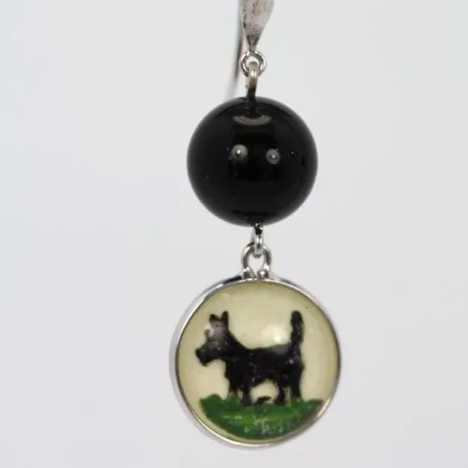 1940s Intaglio Underglass Scottie Dog Mother of Pearl & Onyx Earrings - 2 Pieces - 3