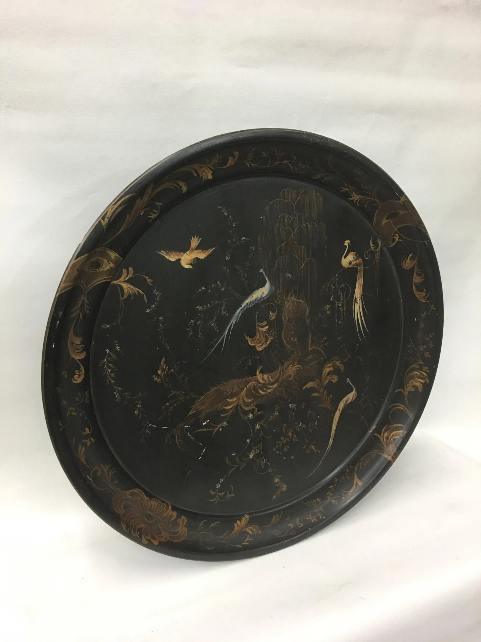 Handpainted Vintage Peacock and Floral Tea Tray - 2